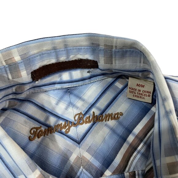 Tommy Bahama Long Sleeve Plaid Shirt Men's Size Medium Blue Brown Tencel - Picture 2 of 5